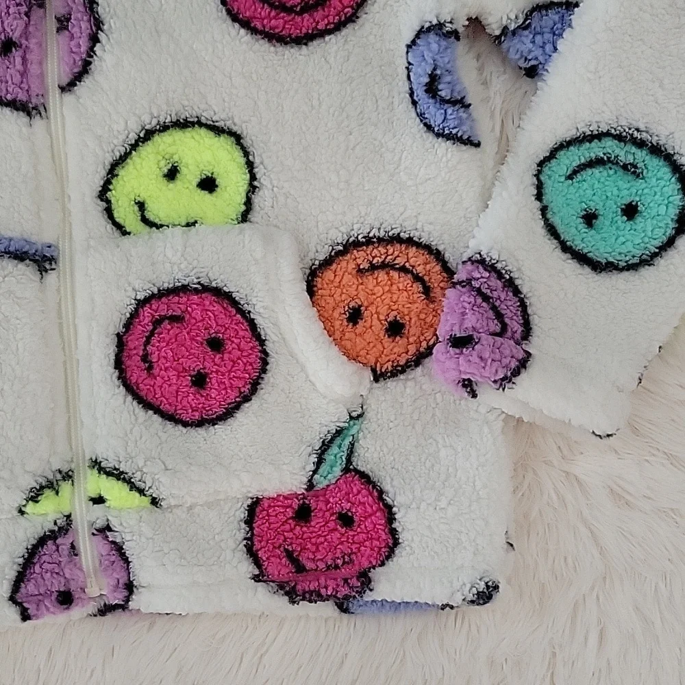 The Children's Place White Sherpa Colorful Emoji Zip Up Jacket Size 10/12